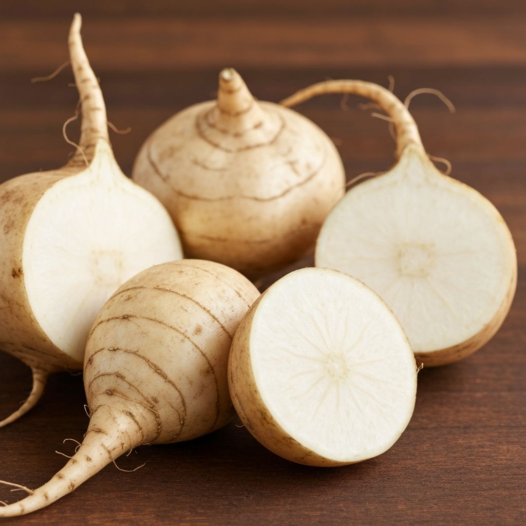Jicama roots with cross-section showing white flesh