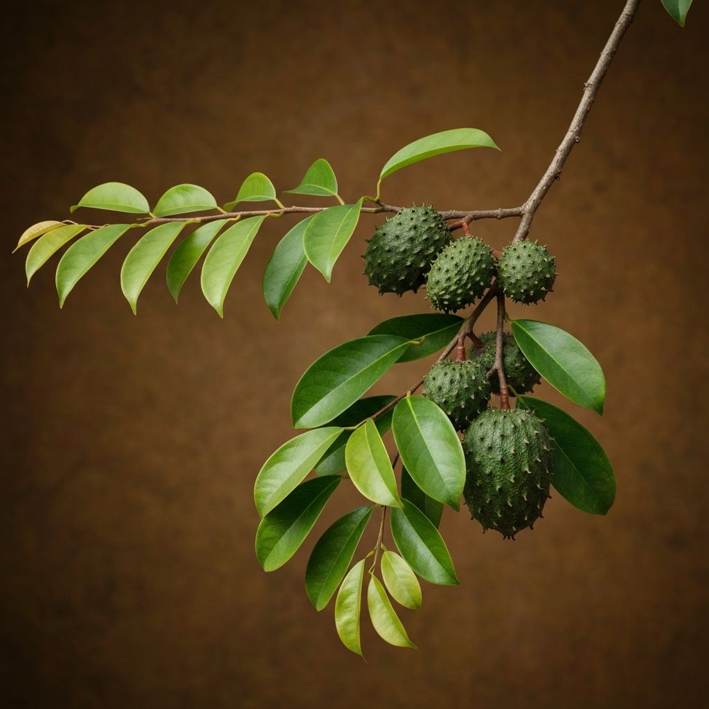 Soursop leaves with fruit on branch