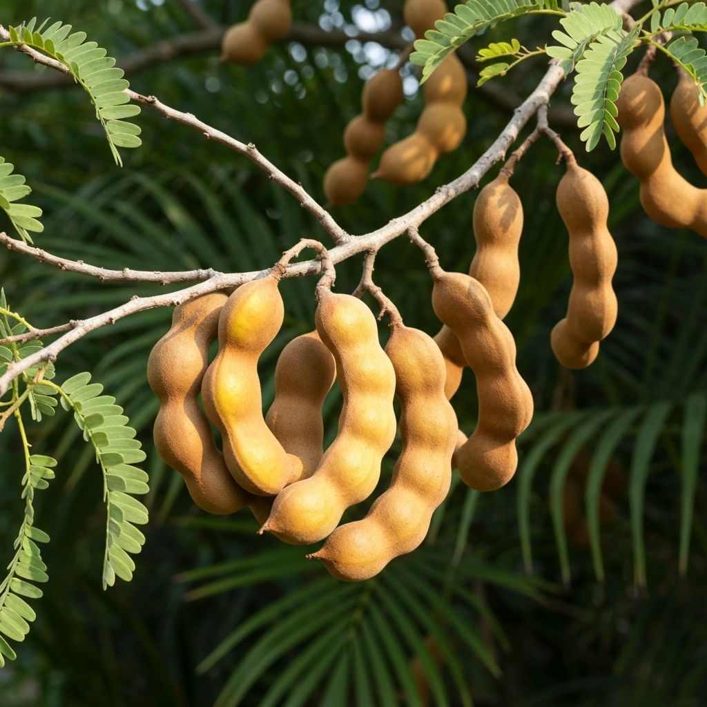 Tamarind pods on branch with fresh tamarind fruit